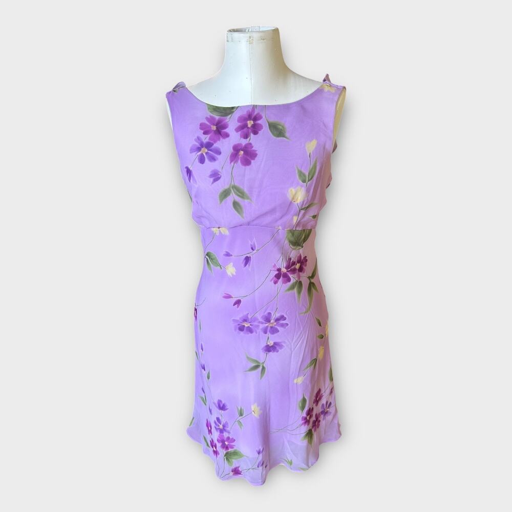 Vintage 90s Just Choon USA Purple Floral Empire Waist Dress Sheer Overlay sz 9